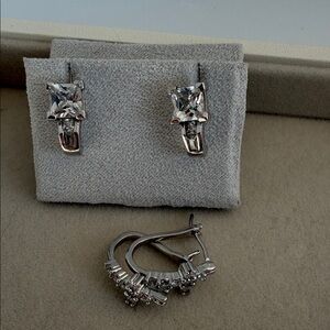 Silver Tone Earrings Bundle 2 Pairs Clear Stone Stud & Dangle Like New